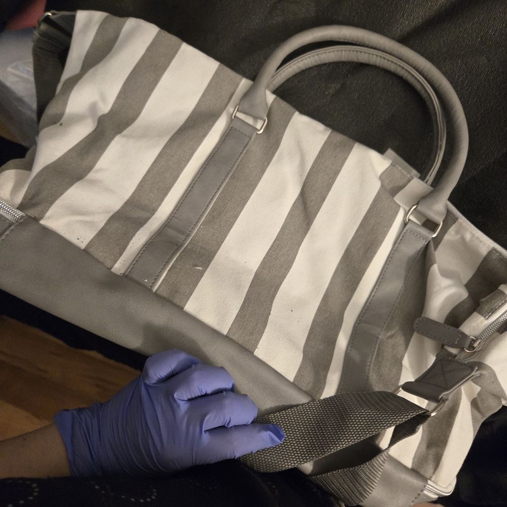 Gray and White Striped Shoulder Bag